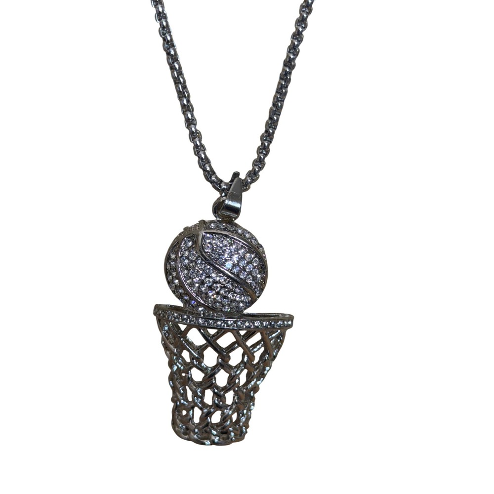 Silver Tone Rhinestone Basketball and Hoop Pendant Necklace Box Chain Athlete